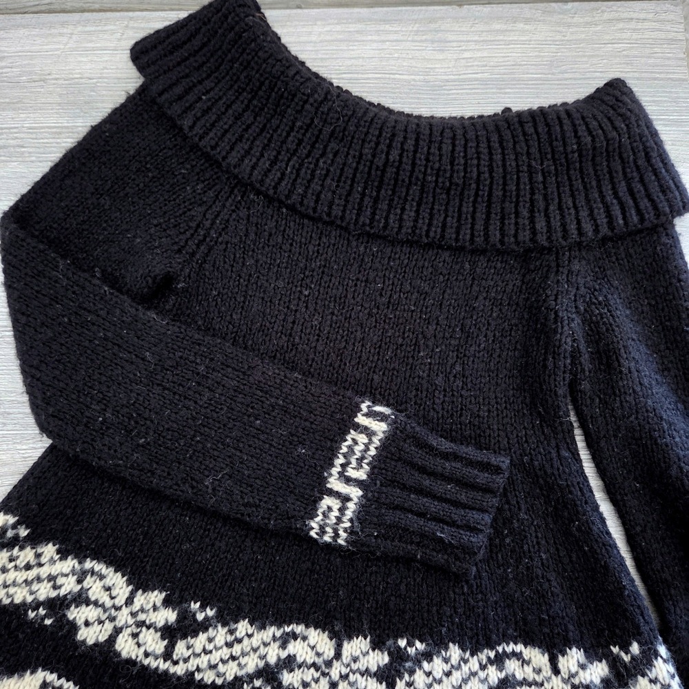 Free People Sweater Black Fair Isle Fringe Off Shoulder Women S